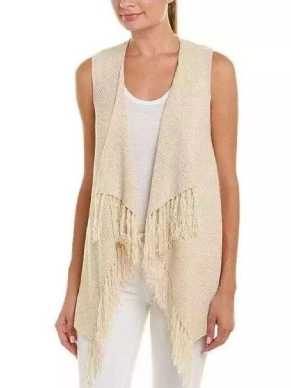 Lilly Pulitzer Andella Open Front Fringe Sweater Vest in Gold/Cream Metallic - M